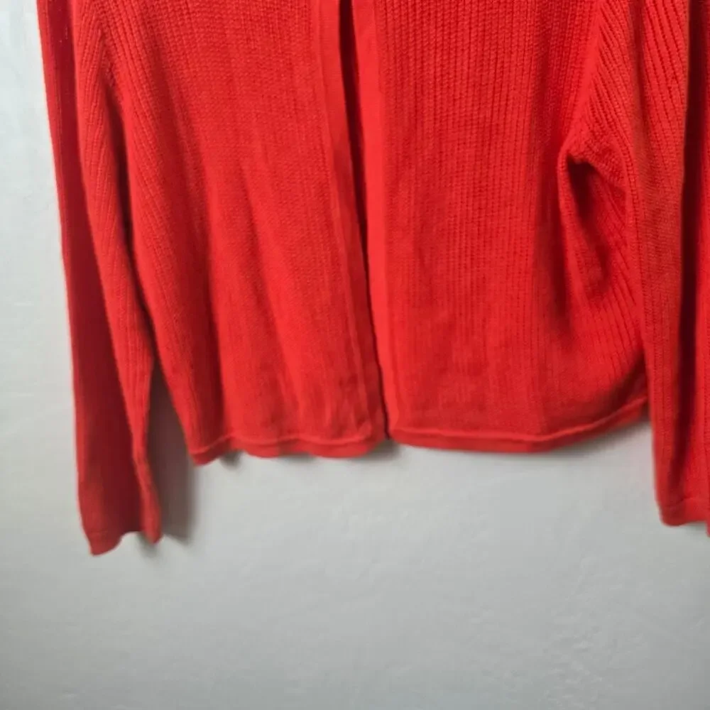 Talbots Red Open Front Cardigan Sweater L Pointelle Knit Cotton Modal Office